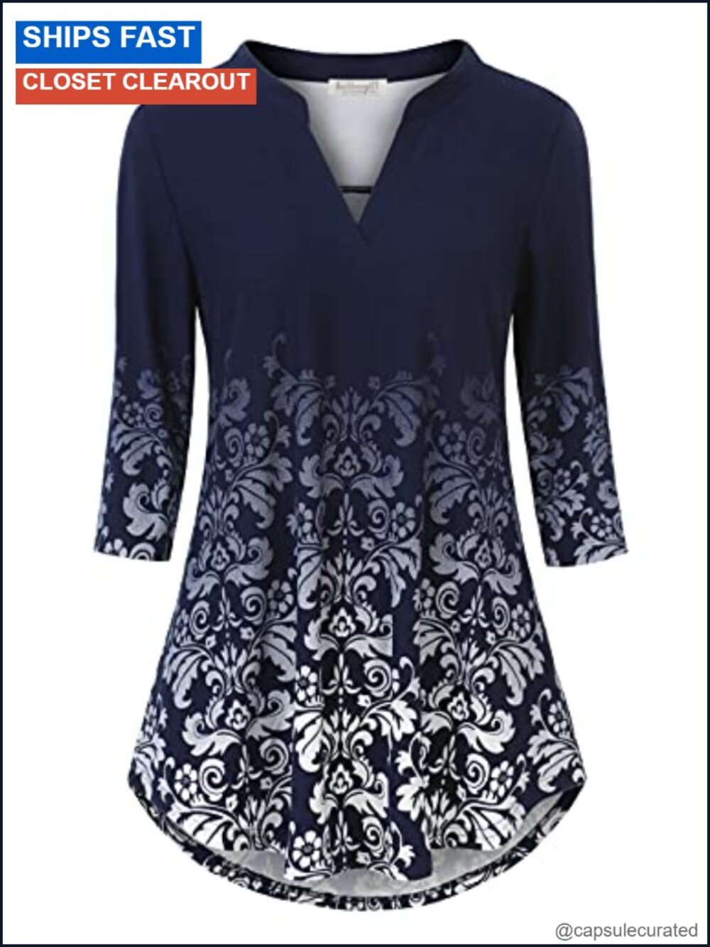 3/4 Sleeve V-Neck Floral Tunic Blouse for Women Dressy Casual